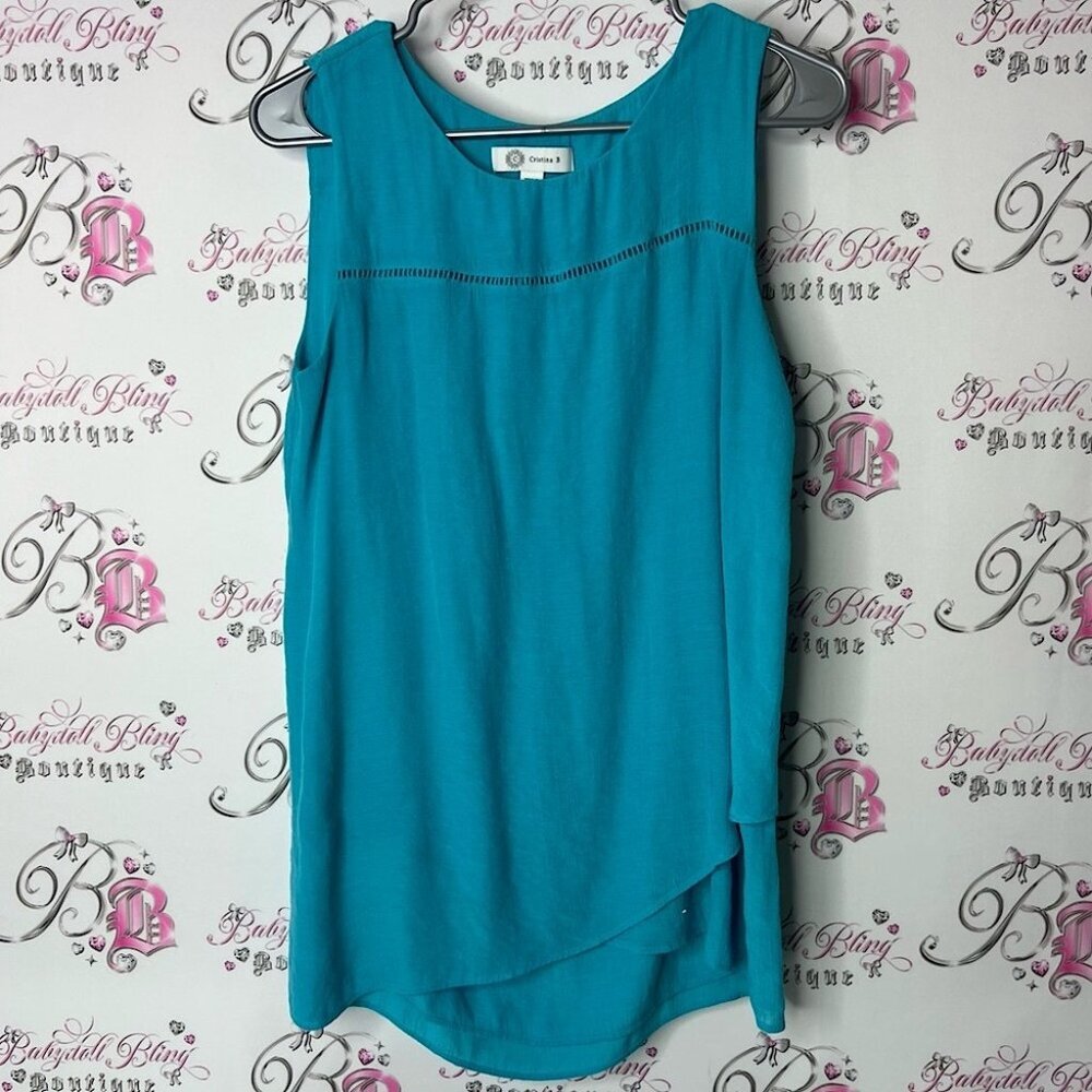 Cristina B tank top sleeveless shirt blue Chic Asymmetrical Blue crochet Tank